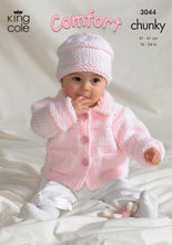 Load image into Gallery viewer, Image of front cover of King Cole chunky yarn baby knitting pattern. The image shows a baby wearing a pale pink chunky hat and jacket with collar