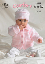 Load image into Gallery viewer, Image of front cover of King Cole chunky yarn baby knitting pattern. The image shows a baby wearing a pale pink chunky hat and jacket with collar
