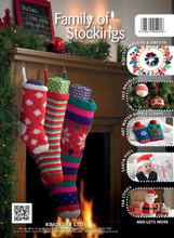 Load image into Gallery viewer, Back cover of King Cole Christmas Knits book 1. Small, medium and large stockings hang in front of a fire. Inset photos show an Advent garland, Xmas tree ornaments, festive hot water bottle covers, baby Santa hat and Father Christmas tea cosy