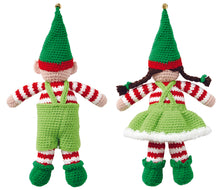 Load image into Gallery viewer, The back of the two elf toys showing their dungaree and dress straps along with the back of their hats and boots, their striped legs, upper bodies and arms and the dark brown pigtails of the one on the right.
