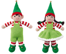 Load image into Gallery viewer, Image of two crocheted elf toys. Both have emerald green boots with bells attached. The hats have a red brim. Both have red and white striped tops and stockings. One has light green dungarees and the other a fur trimmed dress and dark brown pigtails