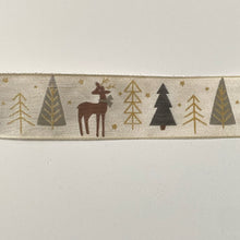 Load image into Gallery viewer, NEW Christmas Ribbon: 40mm, Christmas Tree and Deer Ribbon White and Green with Gold Sparkle