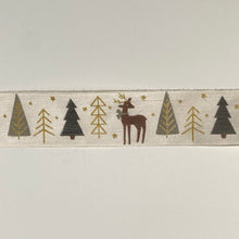 Load image into Gallery viewer, NEW Christmas Ribbon: 40mm, Christmas Tree and Deer Ribbon White and Green with Gold Sparkle