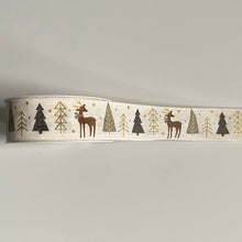 Load image into Gallery viewer, NEW Christmas Ribbon: 40mm, Christmas Tree and Deer Ribbon White and Green with Gold Sparkle