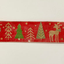 Load image into Gallery viewer, NEW Christmas Ribbon: 40mm, Christmas Tree and Deer Ribbon Red and Green with Gold Sparkle