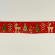 Load image into Gallery viewer, NEW Christmas Ribbon: 40mm, Christmas Tree and Deer Ribbon Red and Green with Gold Sparkle