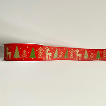 Load image into Gallery viewer, NEW Christmas Ribbon: 40mm, Christmas Tree and Deer Ribbon Red and Green with Gold Sparkle