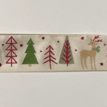 Load image into Gallery viewer, NEW Christmas Ribbon: 40mm, Christmas Tree and Deer Ribbon White and Green with Red Sparkle