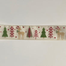 Load image into Gallery viewer, NEW Christmas Ribbon: 40mm, Christmas Tree and Deer Ribbon White and Green with Red Sparkle