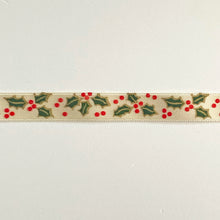 Load image into Gallery viewer, NEW Christmas Ribbon: 15mm, Holly and Berries Ribbon with Gold Sparkle