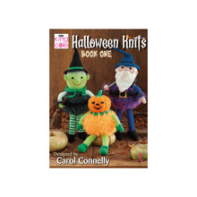 Load image into Gallery viewer, Image of the cover of King Cole Halloween Knits Book 1 knitting pattern book. The cover shows 3 hand knitted toys - a witch with a green face and green and white striped stockings, a purple wizard and tinsel pumpkin with green arms and legs
