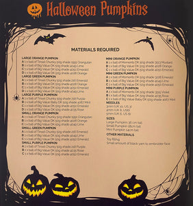 Image of table of materials and measurements to knit the large, small and mini pumpkins. Includes quantities and types of yarn and knitting needle sizes