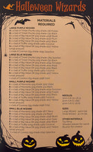Load image into Gallery viewer, Image of table of materials and measurements to knit the large and small wizards. Includes quantities and types of yarn and knitting needle sizes