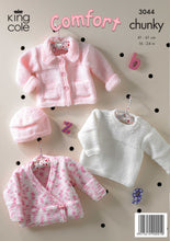 Load image into Gallery viewer, Image of back cover of King Cole chunky yarn baby knitting pattern. The image shows a white sweater, pink and white crossover cardigan and a pale pink hat and jacket with collar