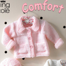 Load image into Gallery viewer, Image of pale pink baby jacket knitted in King Cole Comfort chunky yarn. The jacket has a collar, two front pockets and folded back cuffs
