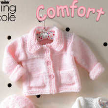 Load image into Gallery viewer, Image of pale pink baby jacket knitted in King Cole Comfort chunky yarn. The jacket has a collar, two front pockets and folded back cuffs