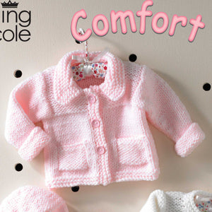 Image of pale pink baby jacket knitted in King Cole Comfort chunky yarn. The jacket has a collar, two front pockets and folded back cuffs