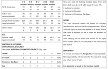 Load image into Gallery viewer, Image of table from pattern showing sizes and quantities of yarn for each design. It also details the type of yarn and needle sizes. Everything you need to knit any one, or all, of the designs