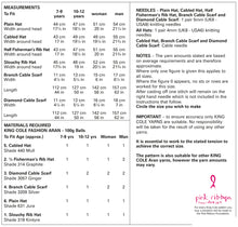 Load image into Gallery viewer, Image of table of measurements and yarn requirements for the hats and scarves in King Cole pattern 3461. Includes straight knitting needle sizes