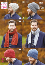 Load image into Gallery viewer, Image of cover of King Cole knitting pattern 3461 showing 4 images of a man wearing a ribbed slouchy beanie, slouchy beanie with rib turn back, two scarves with cable panels, traditional beanie with turn back - one with cable detail and one plain
