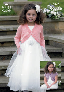 Image of cover of King Cole knitting pattern 3547 with a girl wearing a white flower girl dress and pink v neck bolero with long sleeves. The yarn is interwoven with sequins for added sparkle. Inset photo of purple, round neck, capped sleeve option