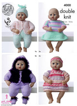 Load image into Gallery viewer, Image of back cover of Knit Cole knitting pattern 4000. 4 toy dolls wearing cardigan, trousers and hat; skirt and top; fur hooded gilet, trousers and fur trimmed boots.