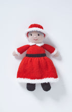 Load image into Gallery viewer, Mrs Claus or Mother Christmas toy with black boots and a long sleeve, ankle length red dress with white fur trim and a black belt. Her white collar is knitted in white fur and she wears a red hat with fur trim