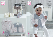 Load image into Gallery viewer, Image of a cute baby girl wearing a cardigan knitted in Cottonsoft DK yarn. The bands, cuffs and top of the fronts in silver yarn and garter stitch. The sleeves and fronts in white yarn with pink and silver flecks