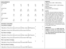 Load image into Gallery viewer, Image showing a table of materials required - sizes and quantities of yarns for each design and details of knitting needles and buttons. Everything you need to knit each of the designs in the pattern