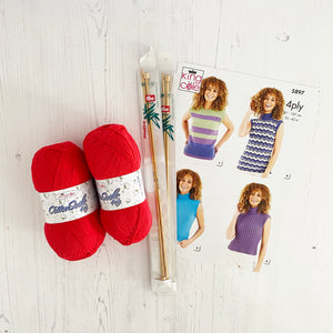 Knitting Kit: Summer Tops for Ladies in Red Cotton 4 Ply Yarn