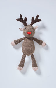 Cute reindeer toy knitted in light brown DK yarn with beige or blush coloured paws and ears. He has a red nose dark brown antlers. Simple, but effective, this will be a favourite toy for any child this Christmas
