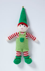 A mischievous toy elf ready for the popular advent game. Green boots with roll tops and gold bells. Red and white striped trousers and sleeves. Light green dungaree shorts with a green front pocket. A green hat with red band, topped with a gold bell