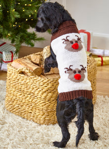 Black spaniel wearing a festive coat hand knitted in cream DK yarn with brown collar and bans. On the back of the coat are two reindeer motifs knitted in light brown yarn with dark brown eyes and antlers. They are finished with a red pom pom nose