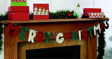 Load image into Gallery viewer, Crochet the letters of Merry Christmas in alternating red, green and cream yarns. Attach them to a red, green and cream twisted cord to create festive bunting or a garland to hang on your fireplace