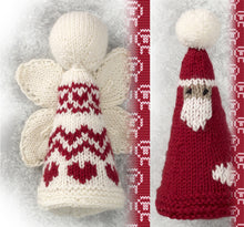 Load image into Gallery viewer, Cone shaped Angel and Father Christmas decorations. Father Christmas is dark red with a white heart motif at the bottom. A brown face, white beard and trimmed hat with pompom. The white angel has butterfly-like wings and rows of hearts or zigzags