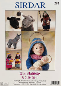 Image of the back of the Alan Dart Nativity knitting pattern book. A collage of images show the sheep, a shepherd, the donkey, two wise men and a crop of Mary with Baby Jesus. Sirdar The Nativity Collection 285