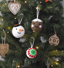 Load image into Gallery viewer, 3 Christmas tree baubles hanging on a tree with white hanging loops. 1 is a brown pudding with white top, black face features and pink cheeks. The snowman has a black hat and orange carrot nose. One has a green then light green, red and white rounds