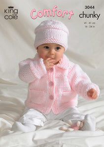 Image of front cover of King Cole chunky yarn baby knitting pattern. The image shows a baby wearing a pale pink chunky hat and jacket with collar