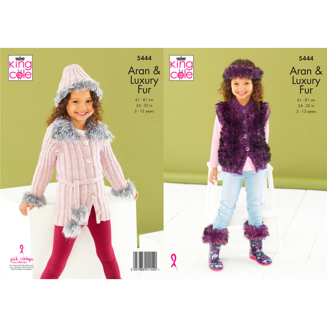 Knitting Pattern: Jacket, Gilet, Boot Toppers, Hat and Headband in Faux Fur for Girls 3-13 Years