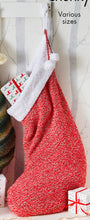 Load image into Gallery viewer, Large Christmas stocking hand knitted in a red super chunky yarn with flecks to give a subtle striped and glitter effect. The top is knitted in Cuddles chunky yarn for a soft, textured cotton wool like finish
