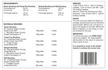 Load image into Gallery viewer, Image of table of measurements and materials required to knit the four designs of Christmas stockings. Includes the sizes and types of needles and any finishing touches
