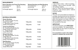 Image of table of measurements and materials required to knit the four designs of Christmas stockings. Includes the sizes and types of needles and any finishing touches