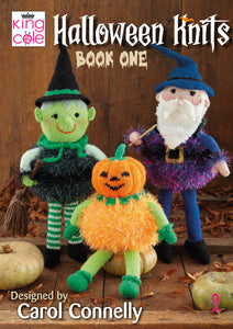 Image of the cover of King Cole Halloween Knits Book 1 knitting pattern book. The cover shows 3 hand knitted toys - a witch with a green face and green and white striped stockings, a purple wizard and tinsel pumpkin with green arms and legs