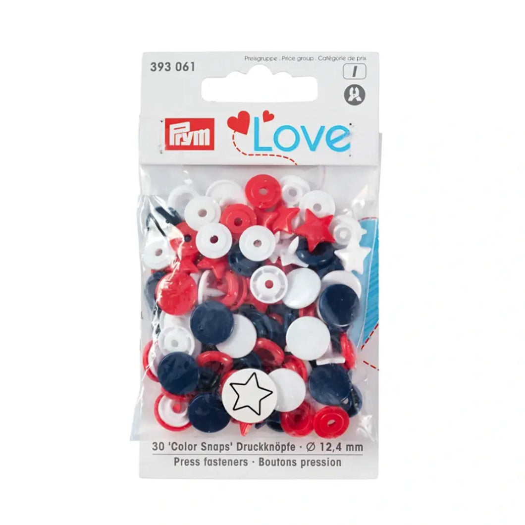 NEW PRYM Colour Snap Fastener, Star, 12.4mm, Red, White and Navy Blue