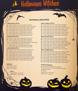 Image of table of materials and measurements to knit the large and small witches. Includes quantities and types of yarn and knitting needle sizes