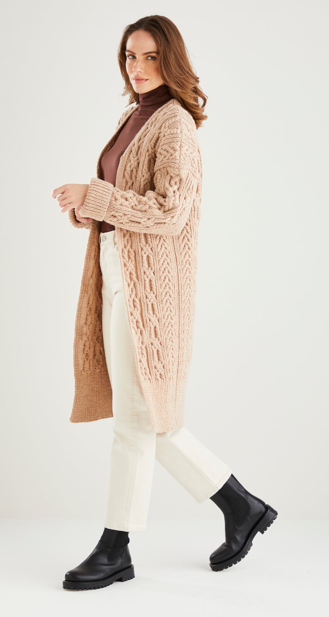 Long aran cardigan knitting pattern hot sale