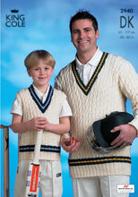 Load image into Gallery viewer, Image of a man and boy wearing hand-knitted traditional v neck cricket slipover and sweater. The boy wears a slipover with black and blue stripe detail and the man&#39;s pullover has blue and yellow
