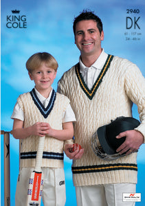 Image of a man and boy wearing hand-knitted traditional v neck cricket slipover and sweater. The boy wears a slipover with black and blue stripe detail and the man's pullover has blue and yellow