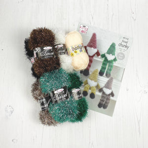 Knitting Kit: Two Gnomes in Green and Brown Tinsel Yarn