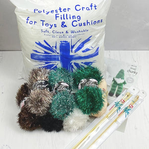Knitting Kit: Two Gnomes in Green and Brown Tinsel Yarn